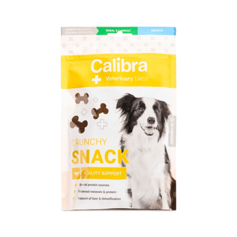 A bag of Calibra Veterinary Diets Crunchy Snack dog treats, featuring a white and yellow package with a border collie on the front, set against a plain white background.