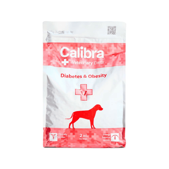 A stand-up pouch of Calibra+ Veterinary Diets Diabetes & Obesity dog food, featuring a white and red design with a dog silhouette on a clean white background.