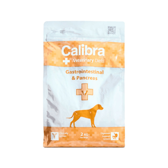 A 2 kg bag of Calibra Veterinary Diets Gastrointestinal & Pancreas dog food, featuring a white and orange design with a dog silhouette on a white background.