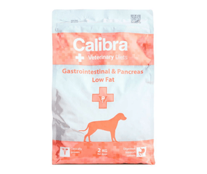 A 2 kg bag of Calibra Veterinary Diets Gastrointestinal & Pancreas Low Fat dog food, featuring a white and orange design with a dog silhouette.