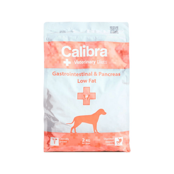 A 2 kg bag of Calibra Veterinary Diets Gastrointestinal & Pancreas Low Fat dog food, featuring a white and orange design with a dog silhouette.