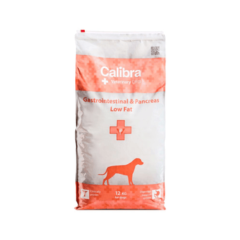 A 12 kg bag of Calibra Veterinary Care Gastrointestinal & Pancreas Low Fat dog food, featuring a white bag with orange-red accents and a dog silhouette.
