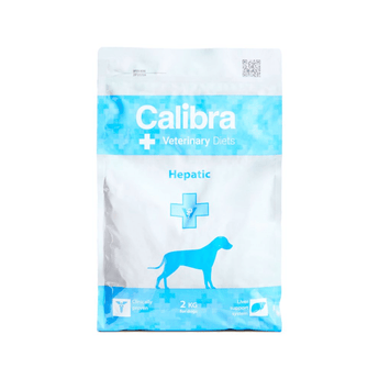 A 2 kg stand-up pouch of Calibra Veterinary Diets Hepatic dog food, featuring a white and light blue design with a dog silhouette.