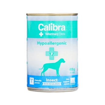 A can of Calibra Hypoallergenic dog food, Rich in Salmon flavor, featuring a white and teal label with a dog silhouette and medical cross icon.
