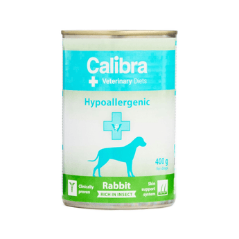 A 400g can of Calibra Hypoallergenic Rabbit wet dog food by Veterinary Diets, featuring a white and light blue label with a green bottom banner and a dog silhouette.