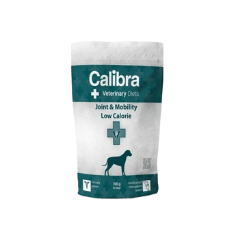 A 100g sample sized pouch of Calibra Veterinary Diets Joint & Mobility Low Calorie dog food, featuring a white and teal design with a dog silhouette.