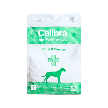 A 2 kg stand-up pouch of Calibra Veterinary Diets Renal & Cardiac dog food, featuring a white and green design with a dog silhouette.