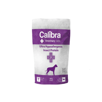 A 100g sample sized pouch of Calibra Veterinary Care Ultra Hypoallergenic Insect Protein dog food, featuring a white and purple design.