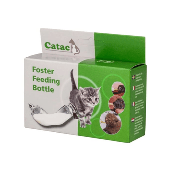 White background with a green and white box for a Catac Foster Feeding Bottle with a kitten and a glass feeding bottle pictured on the box.