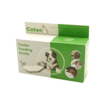 White background with a green and white box for a Catac Foster Feeding Bottle with a puppy and a glass feeding bottle pictured on the box.