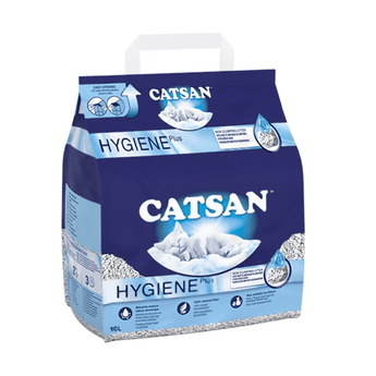 White background with a 10 litre bag of Catsan hygiene plus Cat Litter with a sleeping white kitten pictured on the bag.