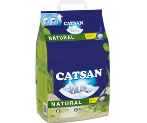 White background with a 20 litre bag of Catsan Natural Cat Litter with a sleeping white kitten pictured on the bag.