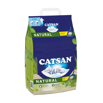 White background with a 20 litre bag of Catsan Natural Cat Litter with a sleeping white kitten pictured on the bag.