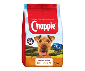 White background with a 3kg bag of Chappie Dry dog food in a Chicken flavour, pictured on the bag is an Airedale terrier.