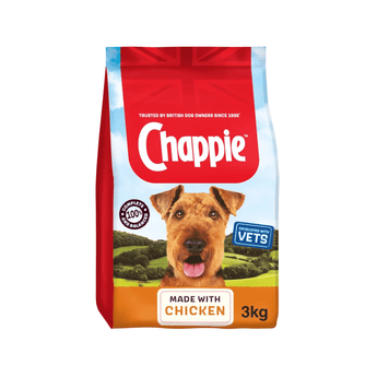 White background with a 3kg bag of Chappie Dry dog food in a Chicken flavour, pictured on the bag is an Airedale terrier.