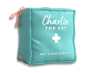 White background with a green zipped up square-shaped bag for a Charlie the Vet Mini Pet First Aid Kit.