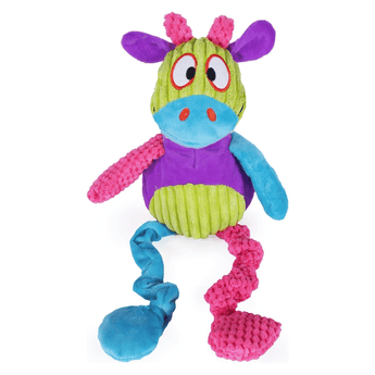 Plush cartoon multi-coloured cow dog toy, patches of blue, green, purple and pink all over. Stitched eye, nostril and smile details on the face. Pictured on a white background.