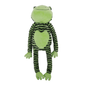 Frog shaped dog toy with a long arms and legs, a green and black stripy body, arms and legs with a solid green face with a stitched smiley face, green heart shape on belly, hands and feet pictured on a white background.