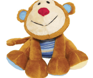 Front facing brown monkey dog toy with cream face, red nose and black stitched eyes and smile details. Stripy blue belly, blue ears, blue and yellow feet pictured on a white background.