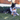 Black and white collie dog with orange plush fox toy with long legs and arms, with a black and white geometric patterned body. Pictured outside on a grass verge.