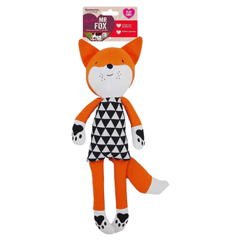 Orange plush fox toy with long legs and arms, with a black and white geometric patterned body. Tag attached to the ears with text 'Chubleez Mr Fox' pictured on a white back ground.