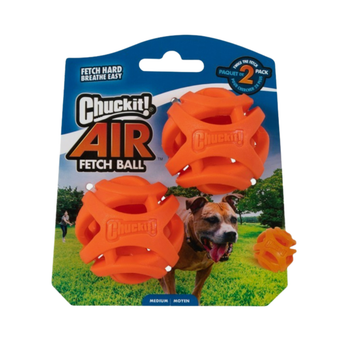 White background with a twin pack ChuckIt! Air Fetch small dog balls, pictured on the pack is a brown dog.