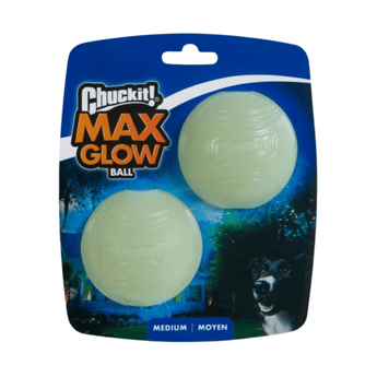 White background with a twin pack ChuckIt! Max Glow medium dog balls, pictured on the pack is a Collie dog.