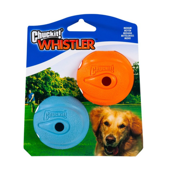 White background with a twin pack ChuckIt! Whistler medium dog balls, pictured on the pack is a Retriever dog.