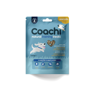 White background with a blue packet of 100g Coachi Natural Training treats, with an illustrated dog on the picture.