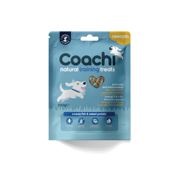 White background with a blue packet of 100g Coachi Natural Training treats, with an illustrated dog on the picture.