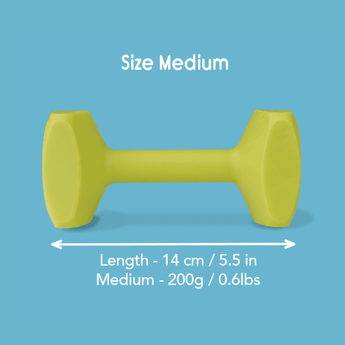 Blue background with a Medium lime green Coachi Training Dumbbell dog toy, with measurements below indicating length of 14cm.