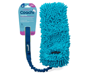 White background with a noodle Coachi Tuggi Hide toy with a blue bungee handle, attached to a blue cardboard tag.