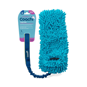 White background with a noodle Coachi Tuggi Hide toy with a blue bungee handle, attached to a blue cardboard tag.