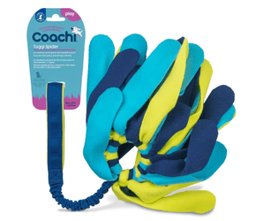 White background with a turquoise, navy and lime green Coachi Tuggi Spider dog toy with a blue bungee handle, attached to a blue cardboard tag.