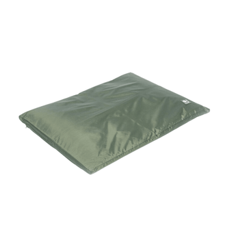 White background with a thin pillow-type green waterproof dog bed pictured.
