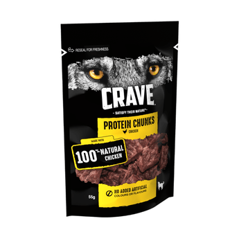 White background with a packet of Crave Protein Chunks pictured. There is a picture of wolf eyes at the top of the packet with 'Crave' written below. Other text on the packet reads 'Protein Chunks, 100% Natural Chicken, No added artificial colours or flavours'.