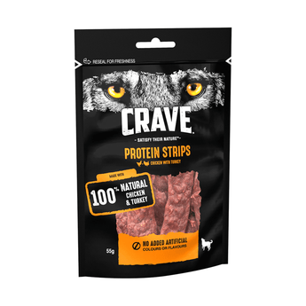 White background with a packet of Crave Protein Strips pictured. There is a picture of wolf eyes at the top of the packet with 'Crave' written below. Other text on the packet reads 'Protein Strips, 100% Natural Chicken & Turkey, No added artificial colours or flavours'.