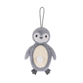 Penguin shaped cat scratcher, dominantly fluffy grey body with a canvas belly, with dark grey beak and feet, with a white pom pom on a string attached pictured on a white background.