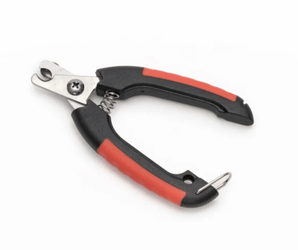 Pet nail clipper with black and red handles on a white background