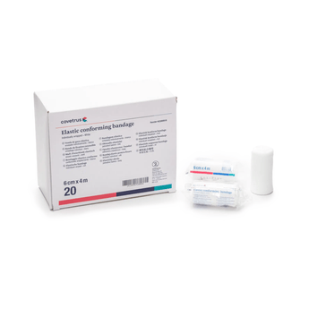 White background with a white box of 20 CVET Elastic Conforming Bandages, with three of the bandages pictured outside of the box with one unwrapped and two wrapped.