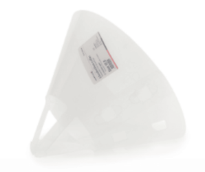 White plastic component with a label on a white background