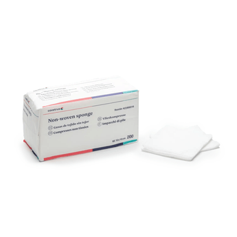 White background with a white box of 200 10x10cm CVET Gauze Swabs Non-Woven, with two of the Gauze pictured outside of the box.