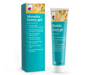 White background with a 15g tube of CVET Manuka Honey Gel, on the teal tube is a picture of bees on honey comb at the top. Next to the tube is a box in the same design.