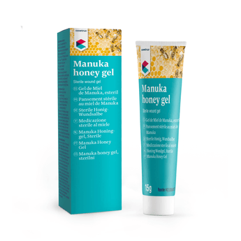 White background with a 15g tube of CVET Manuka Honey Gel, on the teal tube is a picture of bees on honey comb at the top. Next to the tube is a box in the same design.