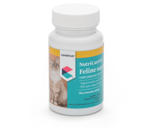 Bottle of NutriCare Feline supplement with a cat on the label against a white background