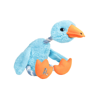 White background with a side view of a baby blue Rosewood Delia duck, with orange beak and feet and rope legs and neck.