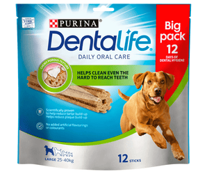 White background with a packet of Purina Dentalife Large Dog Dental Chews pictured, on the packet is a Labrador dog.