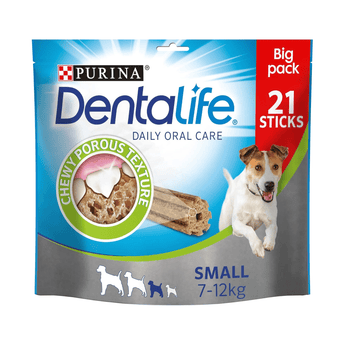 White background with a packet of Purina Dentalife Small Dog Dental Chews pictured, on the packet is a Jack Russell terrier dog.