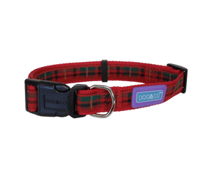 White background with a red tartan dog collar with a black plastic clip with a purple tag with 'Dog & Co' on it.
