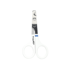 White background with a pair of steel and white Doggyman nail scissors with 'Doggyman' written on the handle.